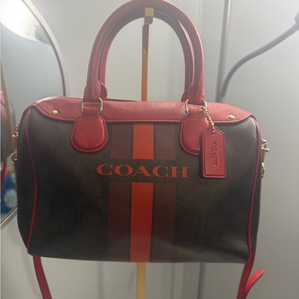👜 Coach Leather Mini Satchel w/ Signature Stripe – Red & Brown - Picture 2 of 12